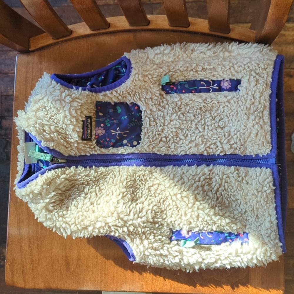 Patagonia Cream Sherpa Vest with Purple Trim & Floral Accents